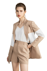 Khaki Color Block Blazer and Short Suits - FashionByTeresa